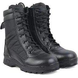 0016 Genuine Black Leather Military Men's Combat Boots -High Ankle - High Top Lace With Chain & with Light Weight PU Sole