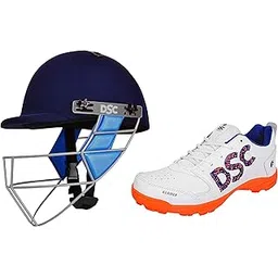 1500213 Guard Cricket Helmet Medium (Navy) & DSC Beamer Cricket Shoes Size 8 UK (Fluro Orange-White)