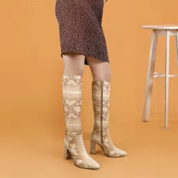 9 Cm Faux Leather Material, Sanke Print Beige Casual Formal Slipon Knee Boot Boots For Women