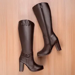 9 Cm High Heel Height Increasing Faux Leather, Casual Formal Slipon Knee Boot Boots For Women