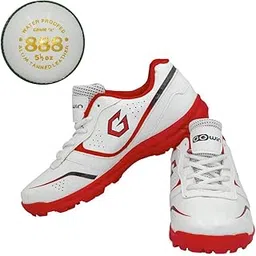 Academy White/Red Cricket Shoes Size-5 with TR-888-W Cricket Leather Ball Alum Tanned White