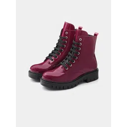 ADORLY Women Burgundy Casual Block-Heeled Regular Lace-Ups Boots