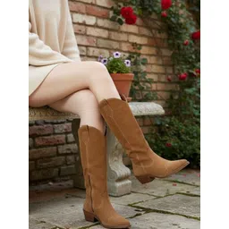 Alberto Torresi Women Textured Round Toe High-Calf Cowboy Boots with Side Zipper