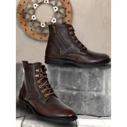 Allen Cooper Men Brown Textured Leather High-Top Flat Boots