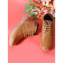 Allen Cooper Men Tan-Brown Solid Genuine-Leather Biker Boots