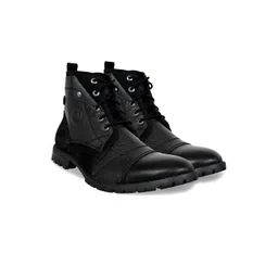 Allen Cooper Men Textured Lace-Up Leather Block Heels Boots
