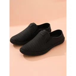 Anouk Men Black Round Toe Synthetic Leather Perforation Sneakers