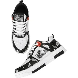 Artistic Wave Print Sneakers, Black and White, Platform Style with Orange Accents Latest Korean Retro Style Comfortable Printed Sneaker Shoes for Men.