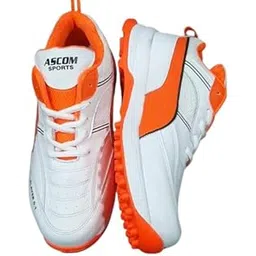 ASCOM Sports Cricket Shoes, White and Orange, Spiked Sole
