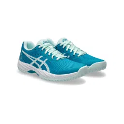 ASICS Women Gel-Game 9 Teal Blue White Tennis Shoes