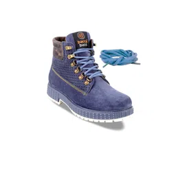 bacca bucci Men Blue Solid Suede High-Top Flat Boots