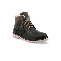 bacca bucci Men Textured Mid Top Fur Flatform-Heel Leather Hiking Boots