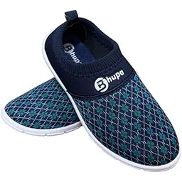 Bhupi Comfort Slip On Sneakers, Navy Blue Pattern Design, Knitted Fabric, Casual Walking Shoes