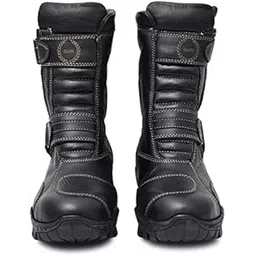 Biker Boots/Motorcycle Riding Boots with Steel Toe, Brass Chain, Ankle Protector, Gear Patch, Memory Foam Footpad & Rubber Sole.