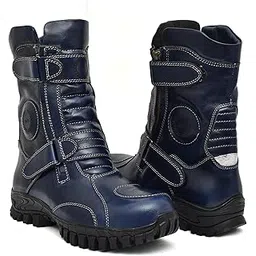 Biker Boots/Motorcycle Riding Boots with Steel Toe, Brass Chain Ankle Protector, Gear Patch Memory Foam Footpad & Rubber Sole.