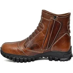 Bikers waterproof boots with steel toe : High ankle rugged leather boots for men for Trekking, Hiking, Driving with memory foam footpad & high performance rubber sole. (Brown, 8)