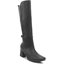 Black Calf-Length Block Heel Boots for Women