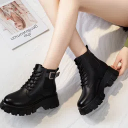 Black Patent Leather Casual Lace up Boote Shoes For Women and Girls Boots For Women