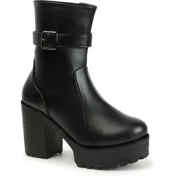 Black Platform Heeled Boots with Buckles For Womens & Girls Boots For Women