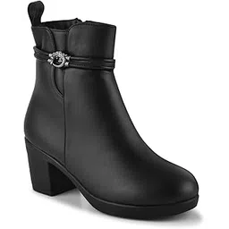 Black Solid Block Heel Ankle Boots
