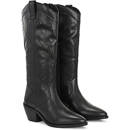 Black Women Knee ankle boots with track outsole 64663