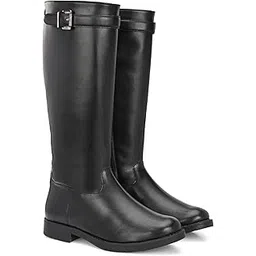 Black women vegan leather, knee high flat boots 66593