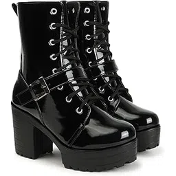 Bold and Breezy Black Patent Ankle Length Lace Up Heeled Boots for Women & Girls