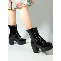Bold and Breezy Black Patent Ankle Length Lace Up Heeled Boots for Women & Girls Boots For Women