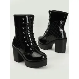 Bold and Breezy Black Patent Ankle Length Lace Up Heeled Boots for Women & Girls Boots For Women