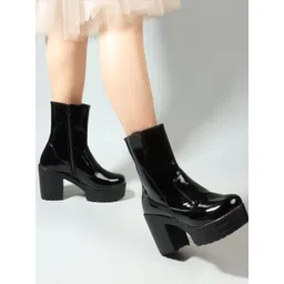 Bold and Breezy Black Patent Leather Ankle Length Heeled Boots for Women & Girls Boots For Women