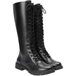 Bonnie Black Premium Vegan Knee-High Lace-Up Boots for Women | Cushioned Comfort | Faux Vegan Leather | Size 40 | Front Lace Closure | Water Resistant Flats | Perfect for Casual Wear