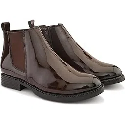 Bravuralux Chelsea for Men Shine Dress Boots | Premium PU Leather, Brown Ankle-High Slip-On with Elastic Side Panels & Anti-Slip Sole