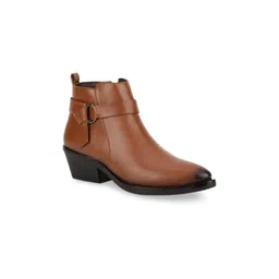 Bruno Manetti Women Brown & Black Leather Block Heeled Boots with Buckles