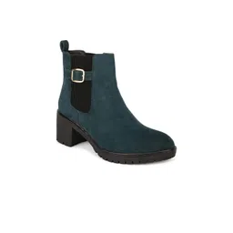 Bruno Manetti Women Green Suede Block Heeled Boots with Buckles