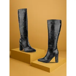 Bxxy Block Heel Snake-Pattern Knee Long Boots