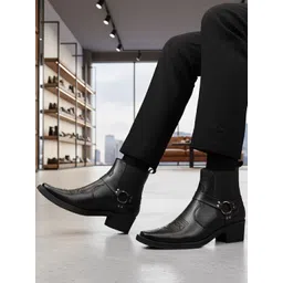 Bxxy Men Textured Mid-Top Square Toe Height Increasing Elevator Ring Party Chelsea Boots