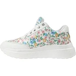 by Palak Women's Floral Print Sneakers, White Platform Casual Shoes, Lace-up Fashion Trainers