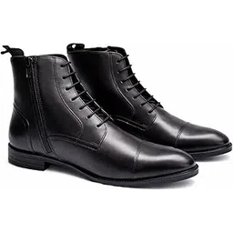 CALZAE Premium Leather Combat Boots, Black, Lace-Up Design with Side Zipper, Classic Cap Toe Military Style, Durable Rubber Sole