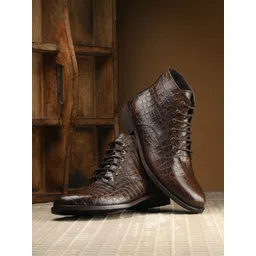 CARLO ROMANO Men Crocodile Textured Genuine Leather Platform Regular Boots