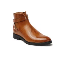 Carlton London Men Mid Top Block Heel Boots With Buckle Detail