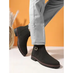 Carlton London Men Solid Round Toe Chelsea Boots with Buckle Detail