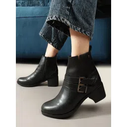 Carlton London Women Round Toe Block Heel Monk Strap Boots