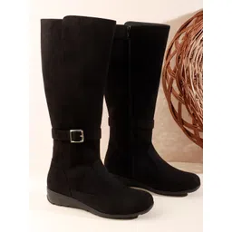 Carlton London Women Textured Ankle Length High-Top Boots With Buckle Deatils