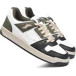 Casual Athletic Sneakers, White and Olive Green, Retro Style Low-Top Sports Shoes with Black Accents
