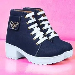 casual Blue Denim comfortable buckle ornament lace up boots for women Boots For Women