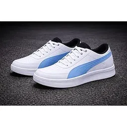 Casual Sneakers, White with Blue Stripe, Lace-Up Low Top, with Collar Detail