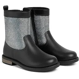 Children's Mid-Calf Boots with Mesh Panels, Black Leather and Grey Mesh Design, Side Zipper, for Girls 4-8 Years