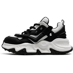 Chunky Platform Sneakers, Black and White, Leather Athletic Shoes with Wave Sole Design, Fashion Casual Running Trainers