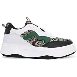 Chunky Sneakers, White, Green, Black, Patterned Panels, 26.5 cm