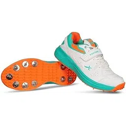 CKT- 200 Full Spike Cricket Shoes for Men PU Material Breathable Mesh Professional Field and Track Shoes (White-Blue-Orange, Size-9)